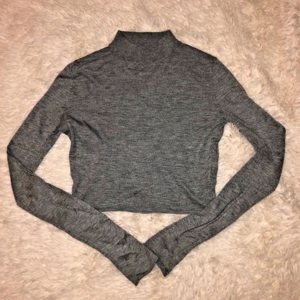 Trouve Mock Neck Crop Top Raw Edge Hem Long Sleeve